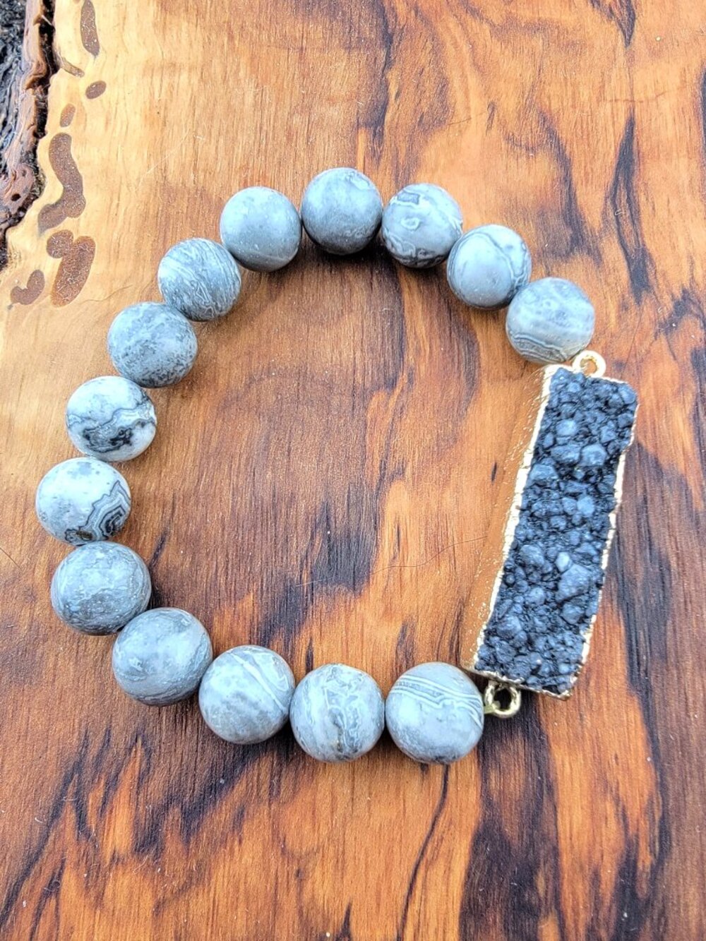 3/$30 🖤 Black Druzy Bar & Gray Jasper Bead Bracelet | Gold Statement Stretch